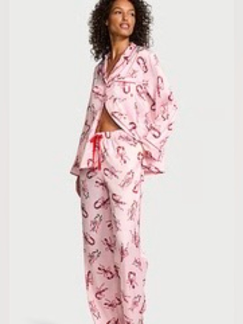 Victoria's Secret Pink Candy Cane Print Signature Satin LONG Pajama Set